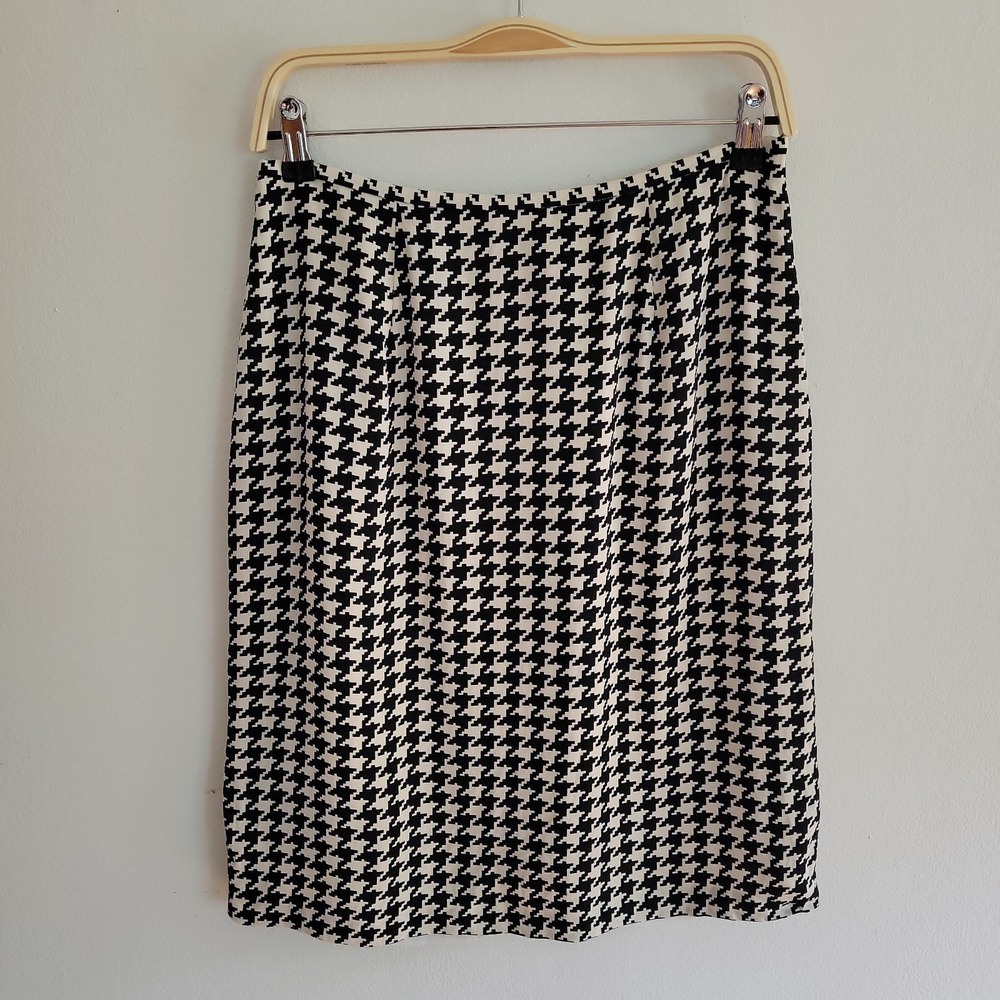 Studio G Silk Straight Pencil Skirt 10 Houndstooth Pattern Luxury Preppy‎ Retro